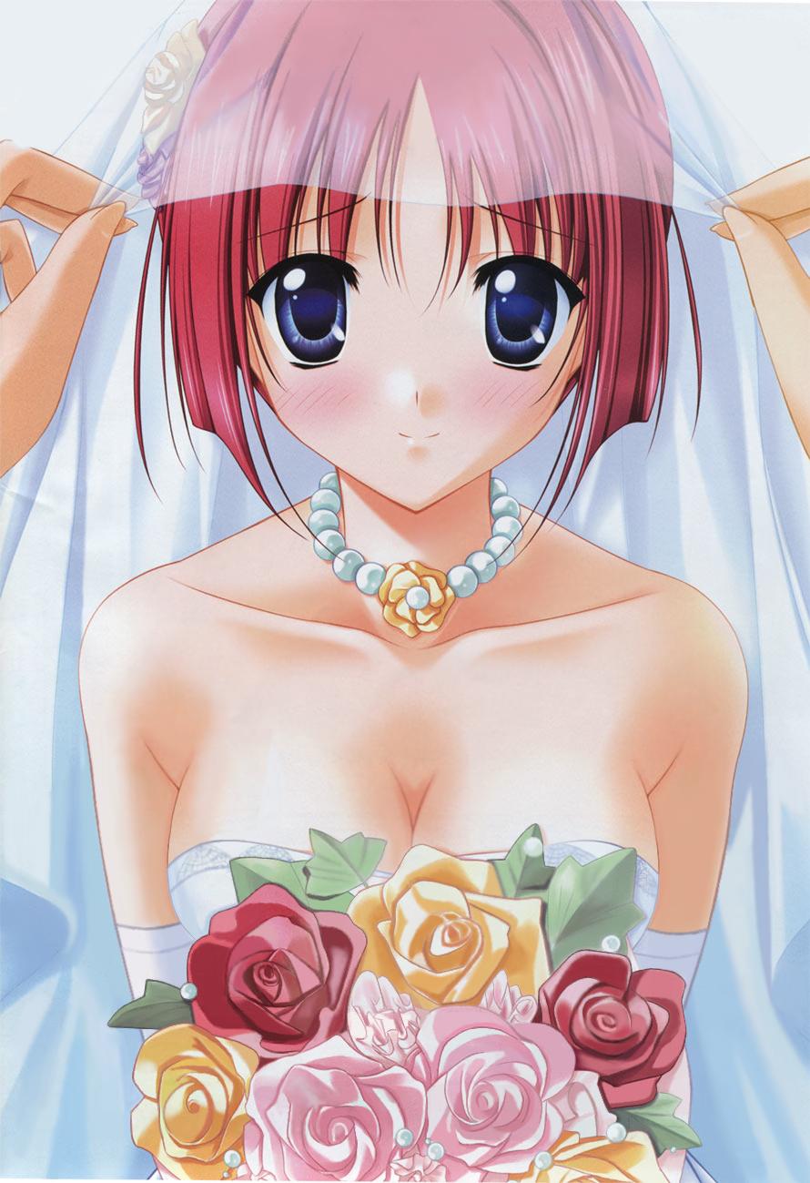 00s 1girl blush bride da_capo da_capo_i dress female_focus flower highres red_hair shirakawa_kotori solo wedding_dress