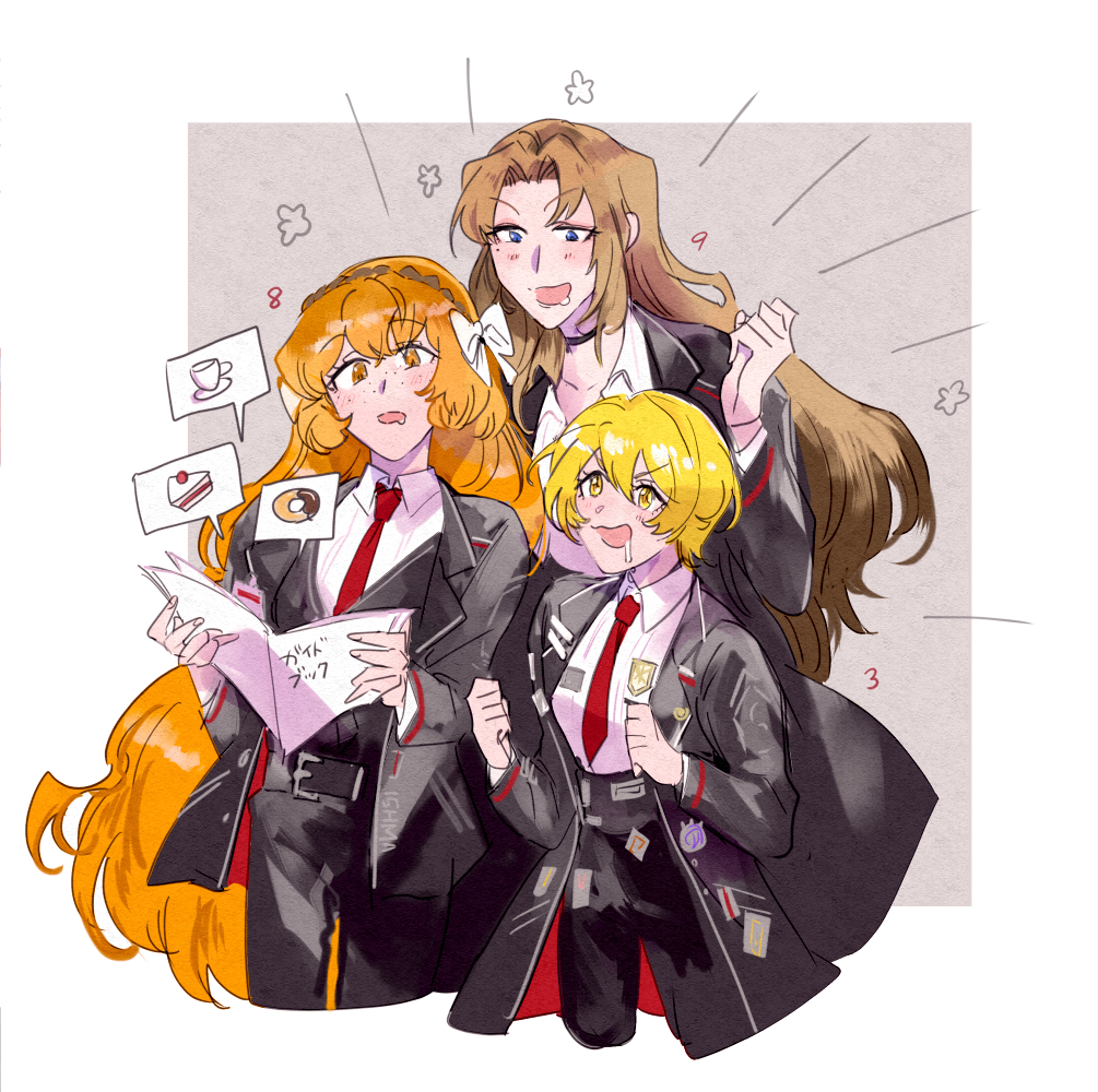 3girls black_jacket black_vest blonde_hair blush brown_hair collared_shirt cowboy_shot don_quixote_(project_moon) excited happy hungry ishmael_(project_moon) jacket ko_bammm lapels limbus_company long_hair multiple_girls necktie notched_lapels open_mouth orange_hair parted_bangs project_moon red_necktie rodion_(project_moon) shirt short_hair sidelocks smile very_long_hair vest white_shirt yellow_eyes