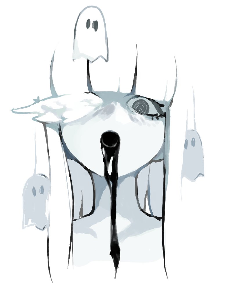 1boy asymmetrical_eyes black_liquid blunt_bangs demi_(dizzyspells) dizzyspells dripping eyelashes feminine ghost liquid_from_mouth long_hair looking_at_viewer male_focus open_mouth original sidelocks solo trap upper_body white_background