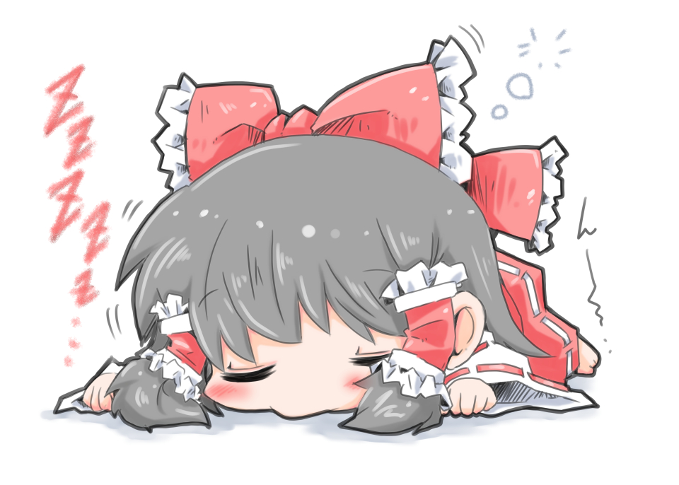 1girl black_hair chibi closed_eyes dress female_focus hair_ribbon hair_tubes hakurei_reimu lying nomeoil on_stomach red_dress ribbon simple_background sleeping solo touhou white_background zzz