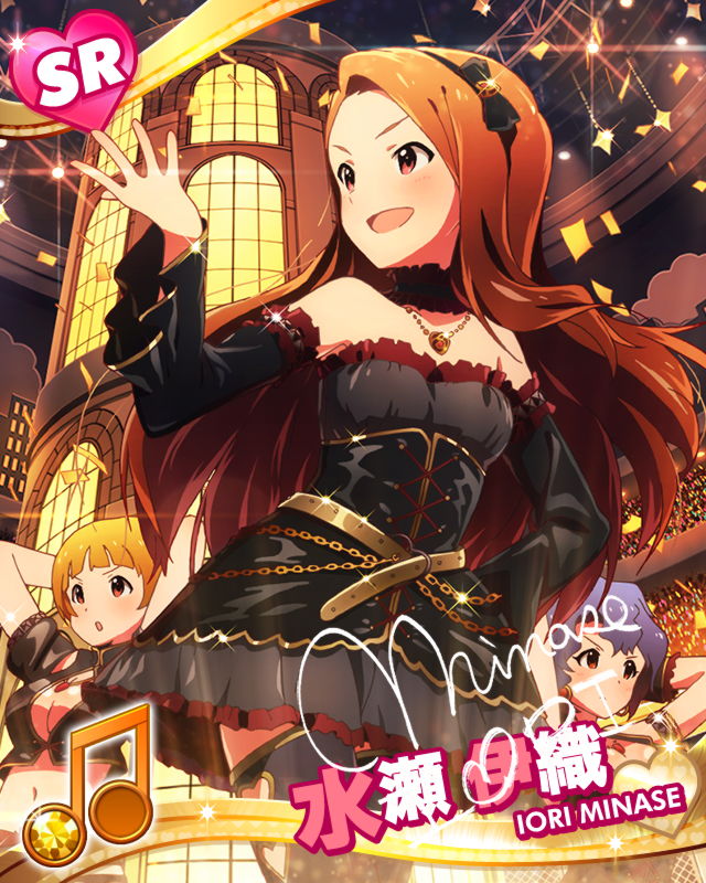 &gt;:&lt; &gt;:d &gt;:o 10s 3girls :&lt; :d :o beamed_quavers belt brown_eyes brown_hair card_(medium) chain character_name character_signature closed_mouth female_focus fukuda_noriko hairband idolmaster idolmaster_(classic) idolmaster_million_live! jewelry kawakami_tetsuya long_hair minase_iori multiple_girls musical_note necklace official_art open_mouth pink_eyes short_hair signature smile thighhighs toyokawa_fuka v-shaped_eyebrows