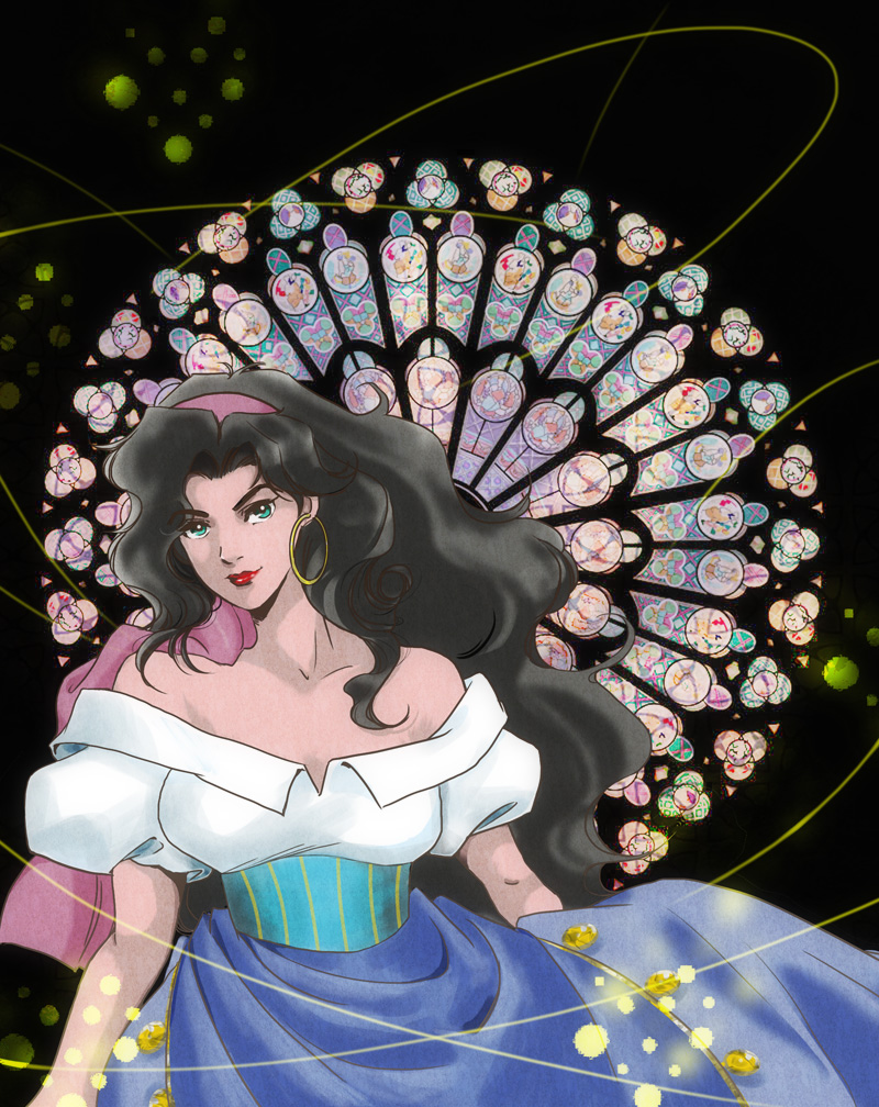 &gt;:) 1girl aqua_eyes bare_shoulders black_hair earrings esmeralda_(disney) gypsy hairband jewelry lipstick long_hair looking_at_viewer makeup puchikotei puffy_short_sleeves puffy_sleeves red_lips short_sleeves stained_glass the_hunchback_of_notre_dame trefoil v-shaped_eyebrows