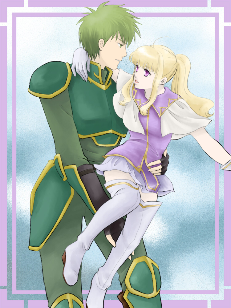 1boy 1girl arm_around_neck armor blonde_hair boots bridal_gauntlets carrying clarine_(fire_emblem) fingerless_gloves fire_emblem fire_emblem:_the_binding_blade gloves green_armor green_hair lance_(fire_emblem) looking_at_another nintendo open_mouth purple_eyes suzu007 thigh_boots white_footwear