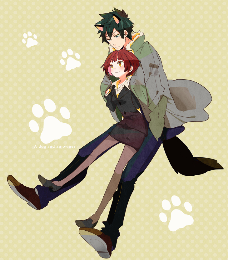 10s 1boy 1girl animal_ears bad_id bad_pixiv_id black_hair brown_eyes brown_hair dog_ears dog_tail formal_clothes jacket kougami_shin&#039;ya miniskirt pantyhose pencil_skirt pomeko psycho-pass short_hair size_difference skirt skirt_suit suit tail tsunemori_akane