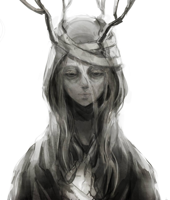 1girl antlers bandages bloodborne expressionless female_focus greyscale hooded horns kmitty monochrome portrait solo vicar_amelia