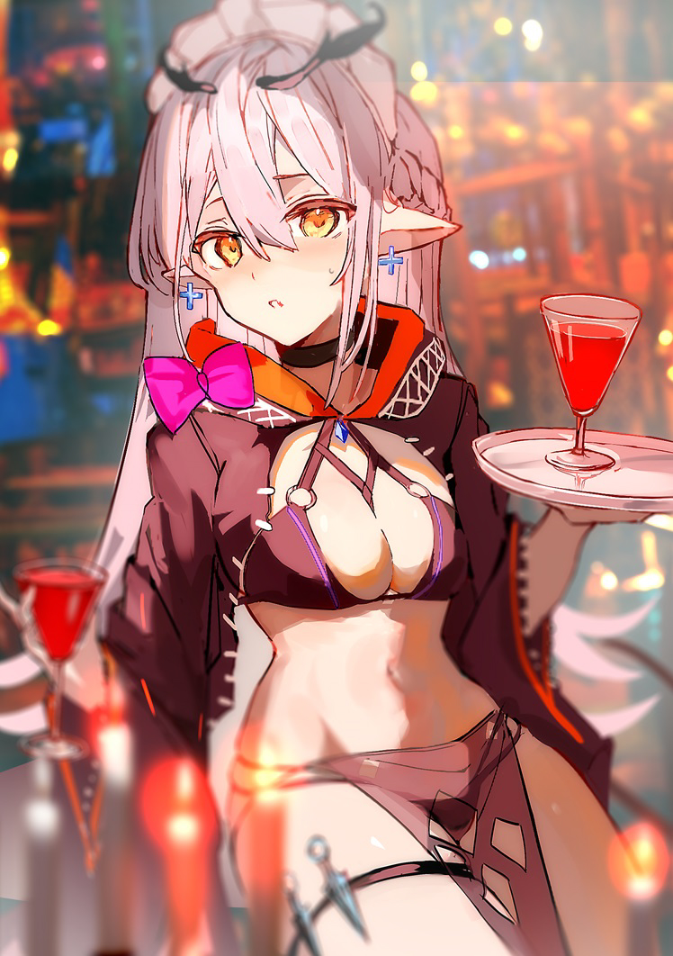 1girl black_choker black_panties blurry blurry_background blush bow braid breasts choker cleavage cowboy_shot cup drinking_glass earrings enj! hair_between_eyes holding holding_tray jewelry kunai long_hair looking_at_viewer maid_headdress medium_breasts navel o-ring orange_eyes original panties parted_lips pelvic_curtain pink_hair pointy_ears purple_bow solo sweatdrop thigh_strap tray underwear weapon white_headdress wine_glass