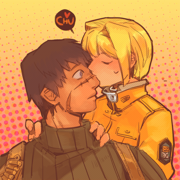 1boy 1girl alice_l._malvin bad_id bad_pixiv_id black_hair blonde_hair blue_eyes blush bob_cut closed_eyes couple ferri_yang ferriyang halftone halftone_background hetero holster kiss kissing_nose military military_uniform orange_shirt pumpkin_scissors randal_orlando ribbed_sweater scar shirt short_hair surprised sweater