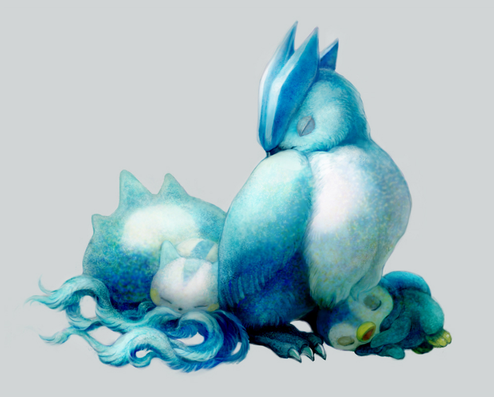 animal_focus articuno bad_id bad_pixiv_id bird blue_theme claws creatures_(company) closed_eyes game_freak gen_1_pokemon gen_4_pokemon legendary_pokemon nintendo no_humans pachirisu piplup pokemon pokemon_(creature) realistic size_difference sleeping tochimiki_(toichi)