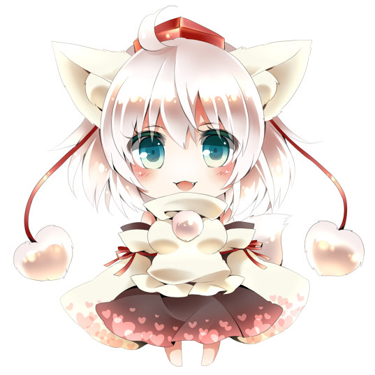 1girl animal_ears aqua_eyes chibi detached_sleeves female_focus hat heart inubashiri_momiji open_mouth short_hair silver_hair skirt solo tail tamichan tokin_hat touhou white_background wolf_ears wolf_tail