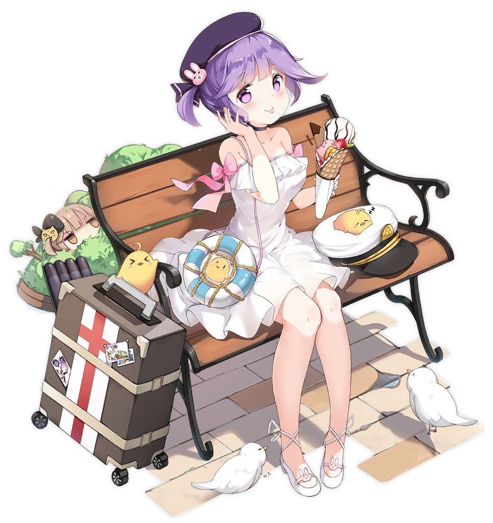 2girls alisa_(kuro_no_sakura) alternate_costume azur_lane bench bird breasts brick_floor bush cat_hair_ornament chick dress expressions food full_body hair_ornament hat hat_ornament hiding ice_cream ice_cream_cone lifebuoy luggage matchless_(azur_lane) matchless_(escort_me_please!)_(azur_lane) military_hat mole mole_under_eye multiple_girls musketeer_(azur_lane) no_socks official_alternate_costume official_art photo_(object) pink_ribbon purple_eyes purple_hair rabbit_hair_ornament ribbon rolling_suitcase shoes sidelocks sitting smile suitcase sundress swim_ring tears tongue tongue_out torpedo torpedo_launcher torpedo_tubes transparent_background white_footwear