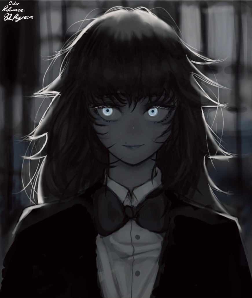 1other androgynous backlighting blue_eyes bow bowtie commentary greyscale long_hair mole mole_above_mouth monochrome nnsee_d original other_focus portrait signature solo spot_color traditional_bowtie tuxedo