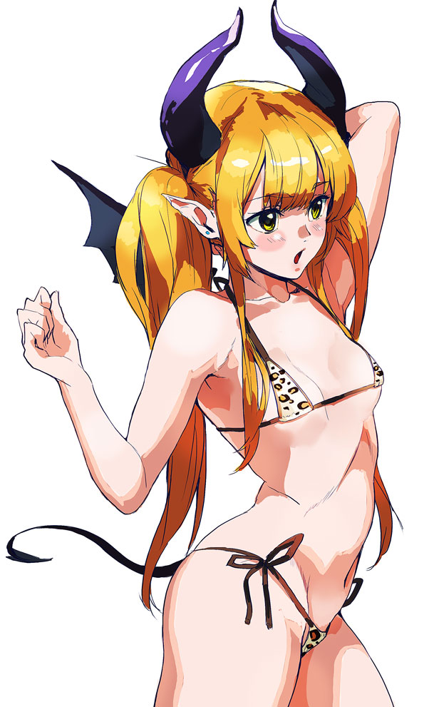 1girl :o animal_print arched_back arm_behind_head bikini blonde_hair breasts contrapposto cowboy_shot demon_girl female_focus horns leopard_print long_hair original pointy_ears print_bikini ruuto_(sorufu) side-tie_bikini_bottom simple_background small_breasts solo standing swimsuit tail twintails white_background wings yellow_eyes