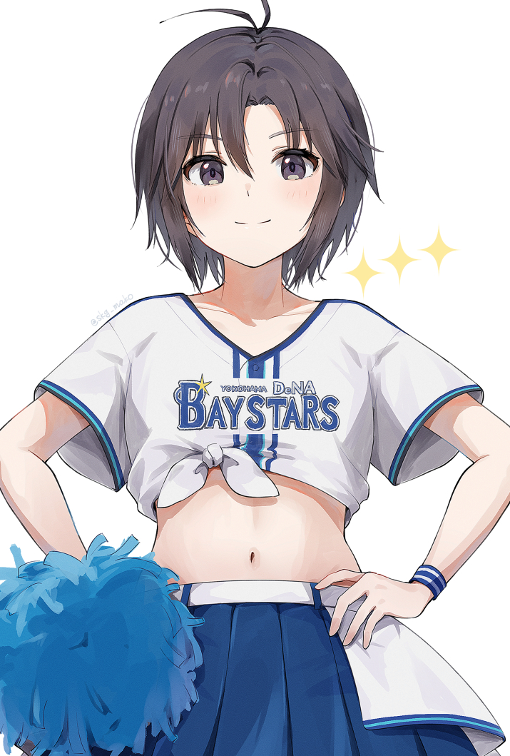 1girl black_eyes black_hair cheerleader hands_on_own_hips idolmaster idolmaster_(classic) idolmaster_2 idolmaster_million_live! idolmaster_million_live!_theater_days kikuchi_makoto looking_at_viewer midriff mogskg navel nippon_professional_baseball pom_pom_(cheerleading) shirt simple_background smile solo tied_shirt twitter_username white_background yokohama_dena_baystars