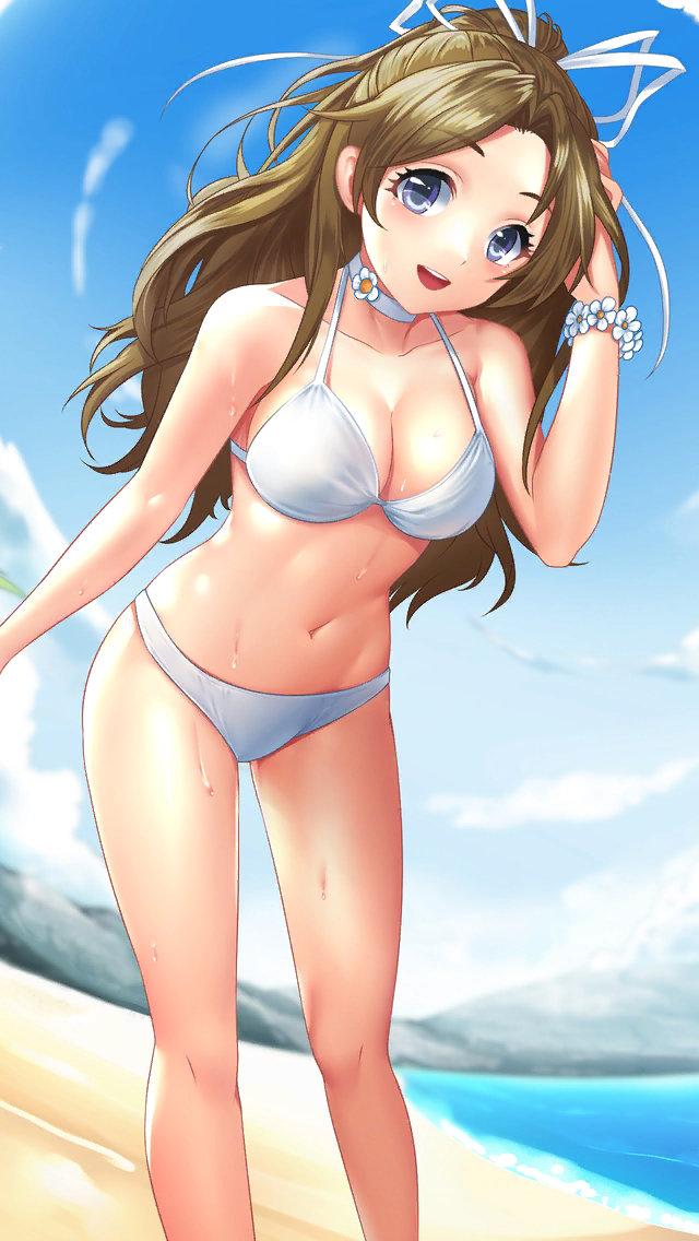 1girl :d beach bikini blue_eyes blue_sky blurry blurry_background bracelet breasts brown_hair choker cloud collarbone day doukyuusei_(series) doukyuusei_another_world game_cg hair_intakes hair_ribbon halterneck jewelry kakyuusei_(series) kakyuusei_2 leaning_forward long_hair looking_at_viewer medium_breasts mountainous_horizon navel ocean official_art open_mouth outdoors ribbon shirai_yuuri shore sky smile solo standing swimsuit very_long_hair white_bikini white_choker white_ribbon