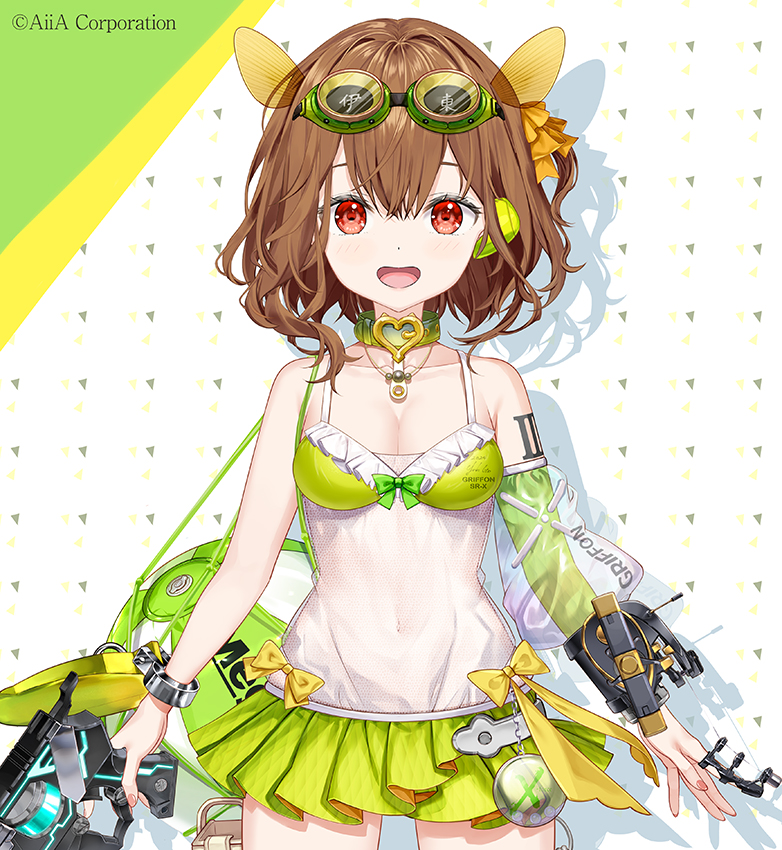 1girl :d bare_shoulders breasts brown_hair cleavage clothes_writing collarbone commentary_request copyright_request detached_sleeves eyebrows_hidden_by_hair frills fujima_takuya goggles goggles_on_head green_skirt hair_between_eyes holding long_sleeves looking_at_viewer medium_breasts open_mouth personification pleated_skirt puffy_long_sleeves puffy_sleeves red_eyes see-through_clothes single_detached_sleeve skirt smile solo translation_request white_background