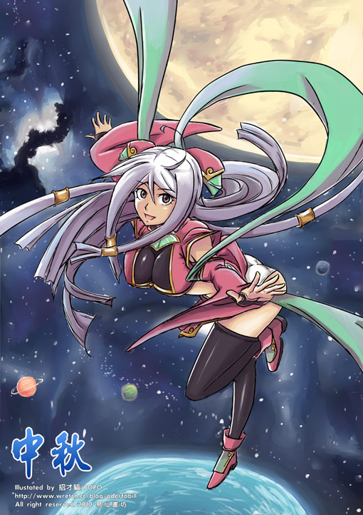 1girl aderfabill ahoge bad_id bad_pixiv_id breasts chang&#039;e chinese_clothes cleavage detached_sleeves earth_(planet) female_focus flying full_body long_hair medium_breasts moon open_mouth original outstretched_arms panties planet purple_hair reaching ribbon solo space thighhighs underwear