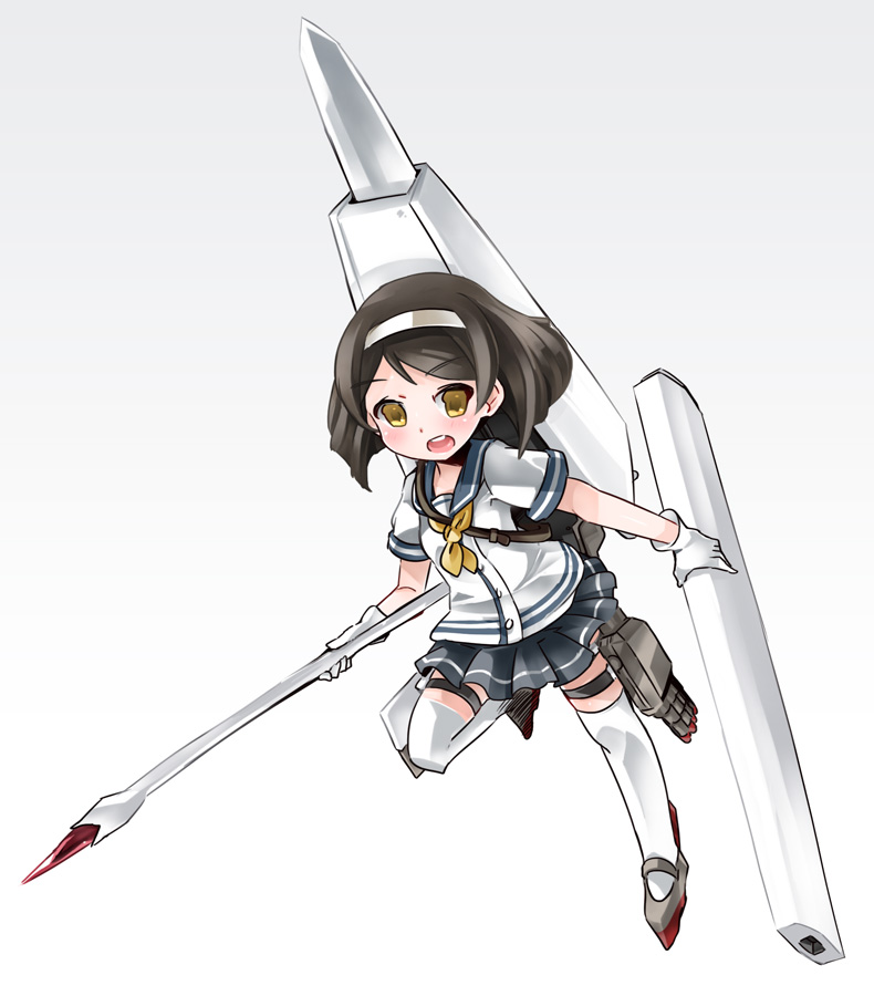 10s 1girl brown_hair crossover female_focus fusion gloves gradient_background guardian_(mecha) hairband kantai_collection mecha_musume morito_(sidonia_no_kishi) naik name_connection open_mouth pleated_skirt polearm school_uniform serafuku short_hair sidonia_no_kishi simple_background skirt solo spear tanikaze_(kancolle) thighhighs weapon white_gloves white_thighhighs yellow_eyes zettai_ryouiki