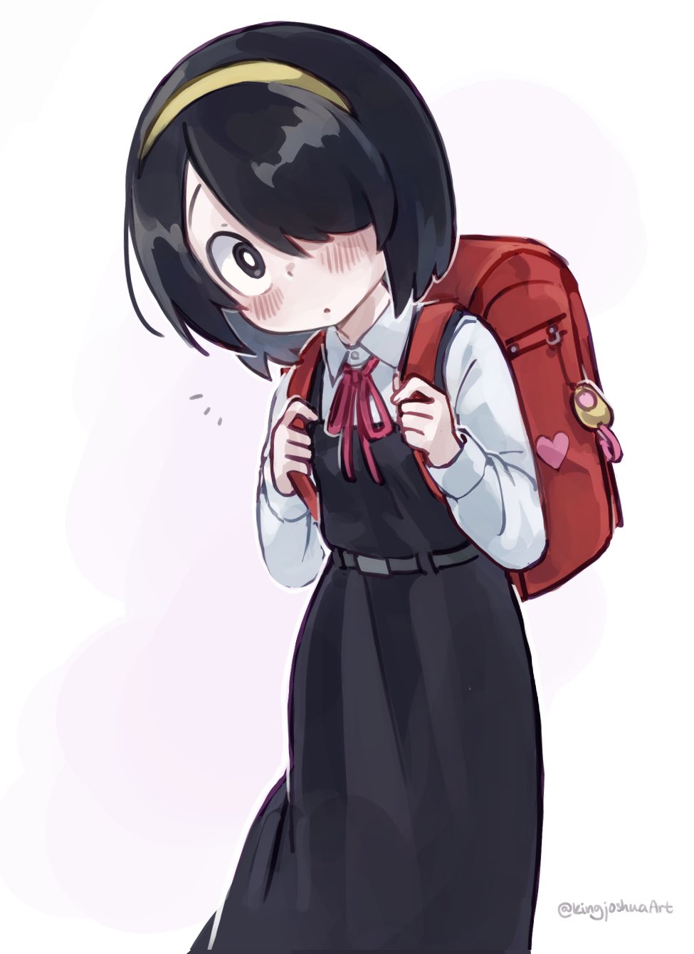 1girl backpack bag black_dress black_eyes black_hair closed_mouth commentary_request dot_mouth dress feet_out_of_frame hair_over_one_eye hairband head_tilt heart highres jijou_wo_shiranai_tenkousei_ga_guigui_kuru. kingjoshua long_sleeves looking_at_viewer neck_ribbon nishimura_akane notice_lines randoseru red_bag red_ribbon ribbon school_uniform shirt short_hair solo twitter_username two-tone_background white_background white_shirt yellow_hairband