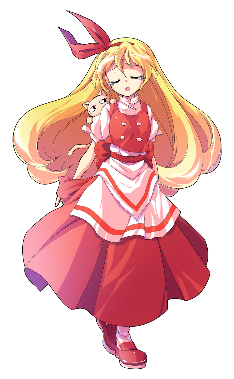 1girl alphes_(style) animal animal_on_shoulder apron arms_behind_back bare_arms blonde_hair bow breasts buttons cat closed_eyes closed_mouth commentary_request dairi ellen_(touhou) eyebrows full_body hair_between_eyes hairband highres loafers long_hair long_skirt long_sleeves looking_at_viewer medium_breasts open_mouth parody pet puffy_short_sleeves puffy_sleeves red_bow red_footwear red_hairband red_ribbon red_skirt red_vest ribbon shirt shoes short_sleeves skirt skirt_set sokrates_(touhou) solo standing style_parody tareme tears touhou touhou_(pc-98) transparent_background turtleneck vest waist_apron white_apron white_legwear white_shirt