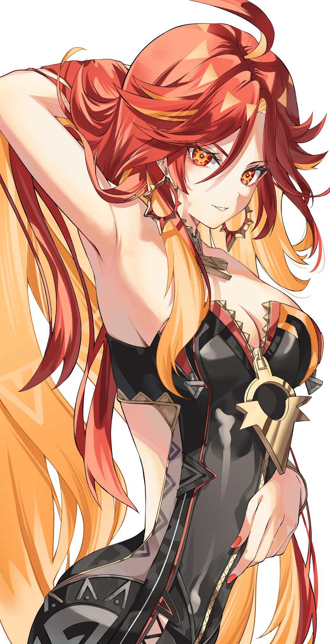 1girl armpits black_bikesuit breasts cleavage earrings genshin_impact highres jewelry large_breasts long_hair looking_at_viewer mavuika_(genshin_impact) nail_polish orange_eyes orange_hair red_eyes red_hair saico_isshin simple_background solo sun-shaped_pupils sun_earrings sunburst_iris white_background