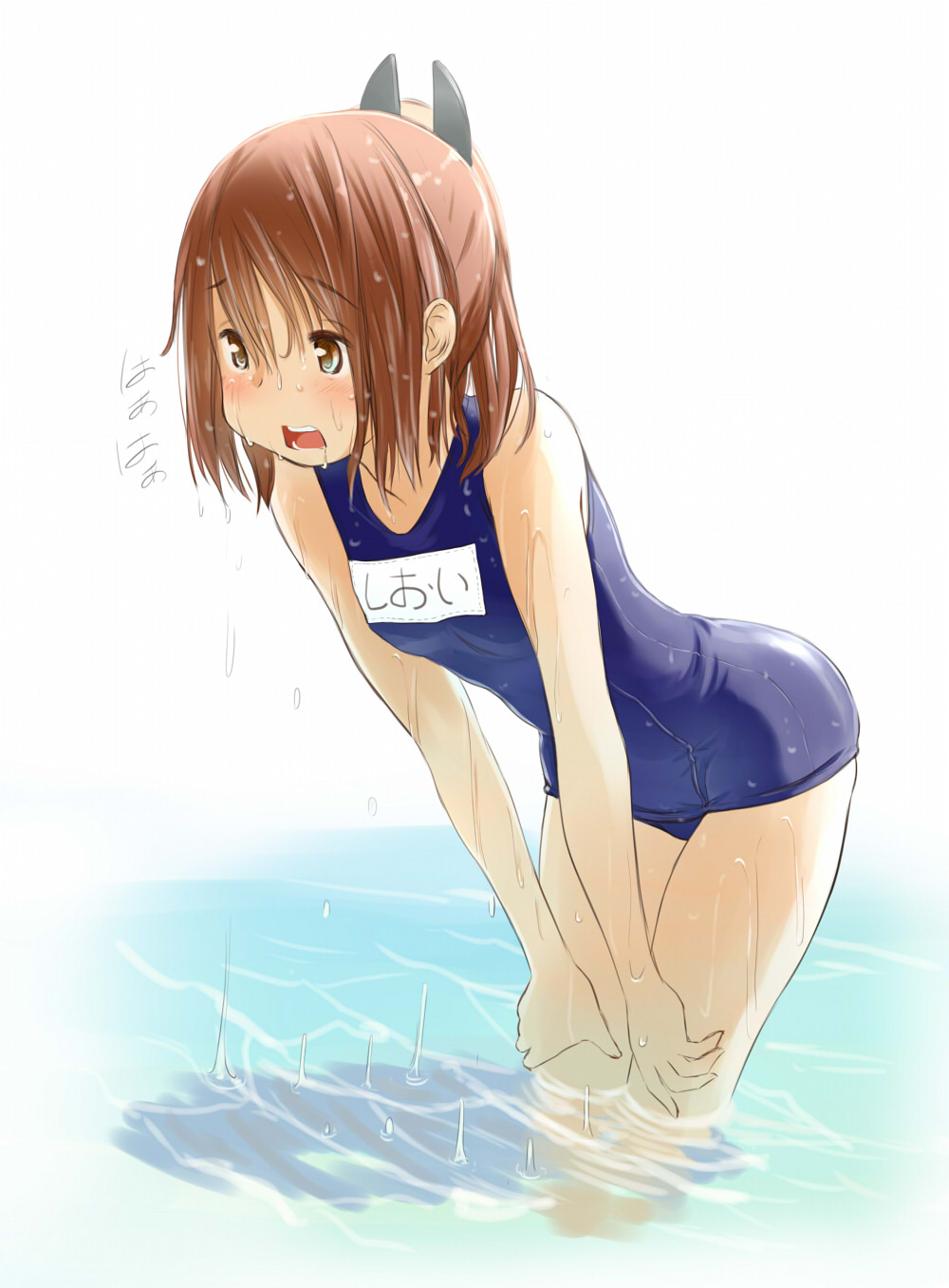 10s 1girl brown_eyes brown_hair hands_on_own_knees headgear highres i-401_(kancolle) kantai_collection leaning_forward one-piece_swimsuit partially_submerged ponytail retsumaru school_swimsuit swimsuit water wet