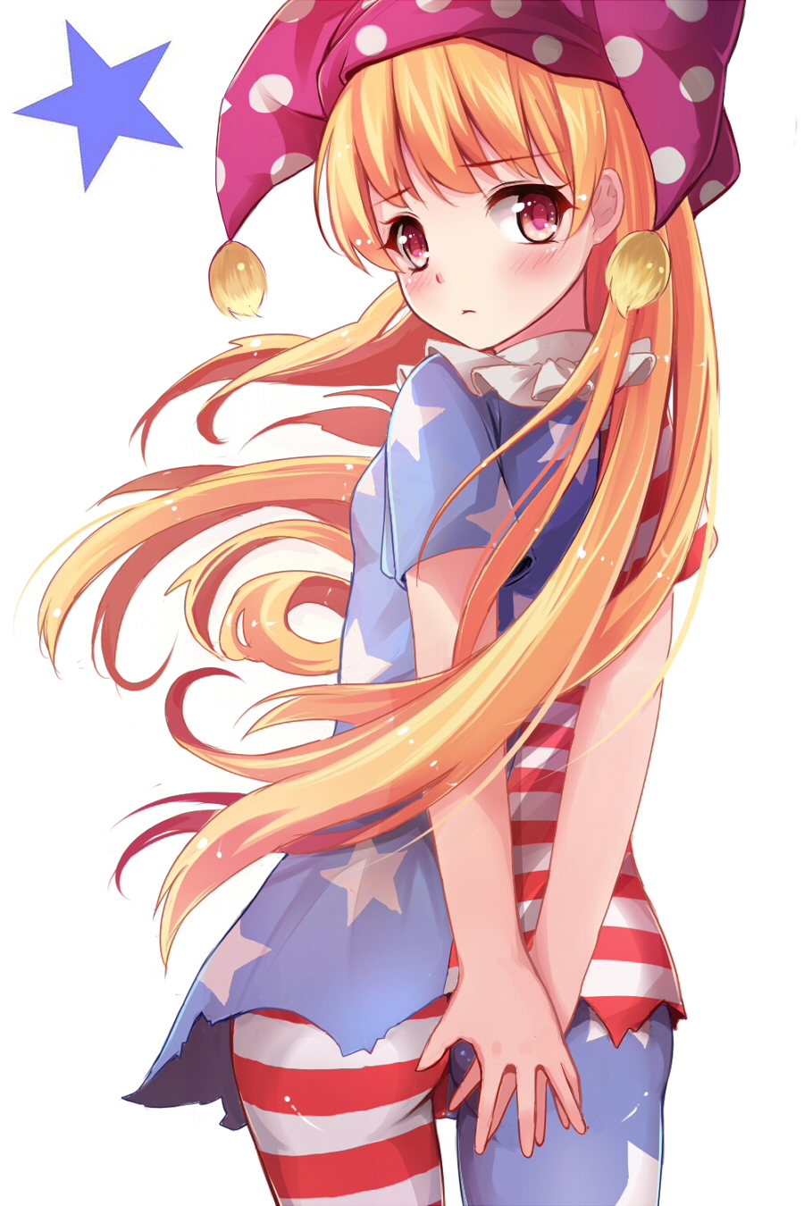 1girl american_flag_dress american_flag_legwear blonde_hair blush clownpiece dress female_focus hat highres jester_cap long_hair looking_at_viewer looking_back pantyhose polka_dot qunqing red_eyes shiny_clothes short_dress simple_background solo star_(symbol) striped_clothes striped_pantyhose torn_clothes torn_dress touhou white_background