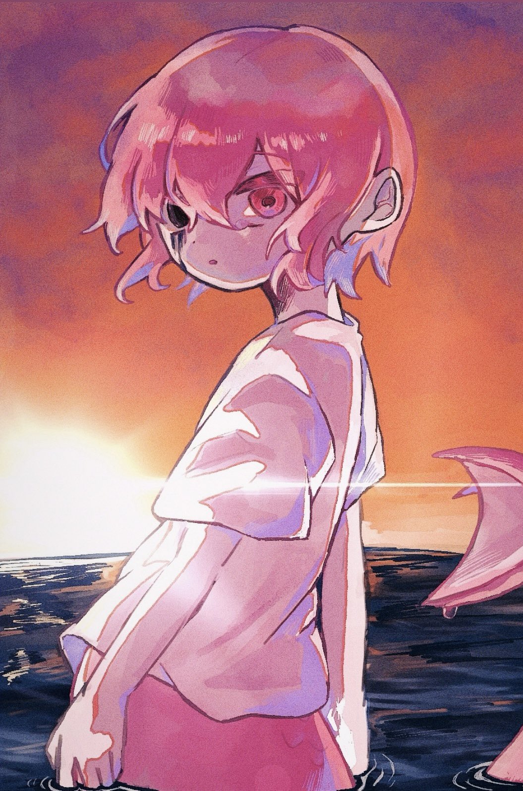 1girl black_eyes hashtag-only_commentary heterochromia highres iyowa_girls looking_at_viewer looking_to_the_side makeup mermaid monster_girl nipa_(ixt7s) orange_sky partially_submerged red_eyes red_hair runny_makeup shirt short_hair short_sleeves sky solo suishitai-chan_(iyowa) suishitai_ni_modoranaide_(vocaloid) sunset t-shirt water white_shirt