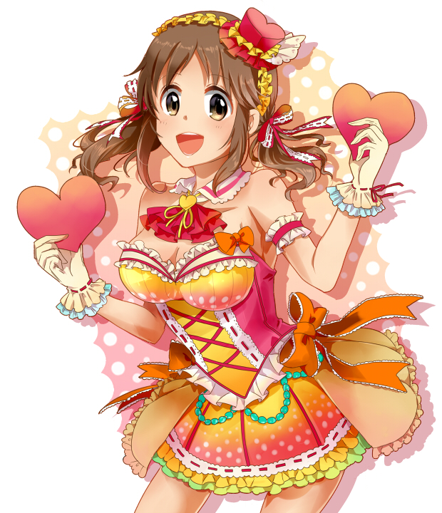 10s 1girl :d bad_id bad_pixiv_id breasts brown_eyes brown_hair cleavage cross-laced_clothes dress female_focus frilled_dress frills gloves hair_ribbon hat idolmaster idolmaster_cinderella_girls masaki_(celesta) mini_hat mini_top_hat open_mouth ribbon short_twintails smile solo top_hat totoki_airi twintails