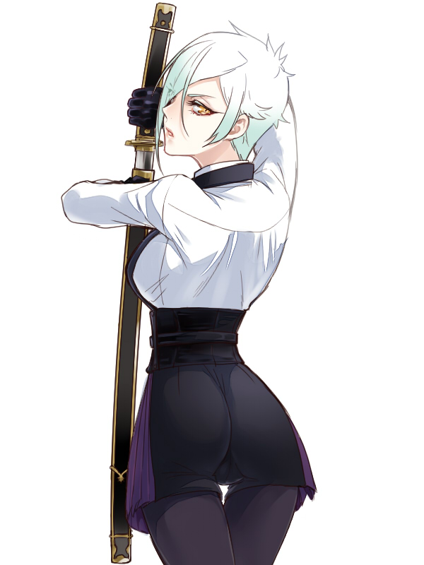 10s 1girl arm_up back black_gloves black_pantyhose black_shorts breasts collared_shirt cowboy_shot eyebrows eyelashes eyes_visible_through_hair female_focus from_behind genderswap genderswap_(mtf) gloves hair_between_eyes hair_over_one_eye hizamaru_(touken_ranbu) katana large_breasts long_sleeves looking_at_viewer looking_back obi pantyhose pantyhose_under_shorts parted_lips sash scabbard sheath shirt short_hair shorts simple_background solo sword thigh_gap thighhighs touken_ranbu unsheathing weapon white_background white_shirt yellow_eyes zuwai_kani