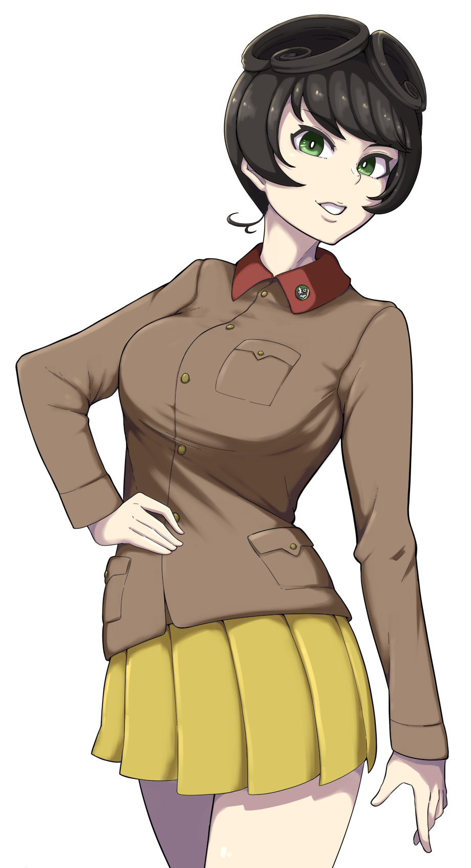 1girl bad_id bad_pixiv_id black_hair breast_pocket breasts brown_jacket chi-hatan_military_uniform contrapposto girls_und_panzer green_eyes hand_on_own_hip highres hosomi_shizuko jacket looking_at_viewer medium_breasts pocket skirt smile solo white_background yellow_skirt yougata