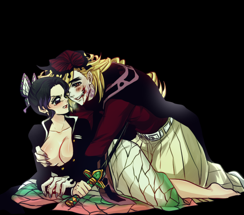 1boy 1girl bleeding blonde_hair blood breasts cleavage demon_boy douma_(kimetsu_no_yaiba) gakuran grabbing_another&#039;s_breast groping kimetsu_no_yaiba kochou_shinobu large_breasts lovelykingdudu multicolored_eyes purple_eyes purple_hair school_uniform weapon