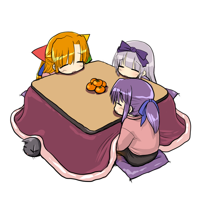 3.1-tan 3girls 95-tan chibi dd_(ijigendd) dos_cat half_updo kotatsu multiple_girls nt-tan os-tan table