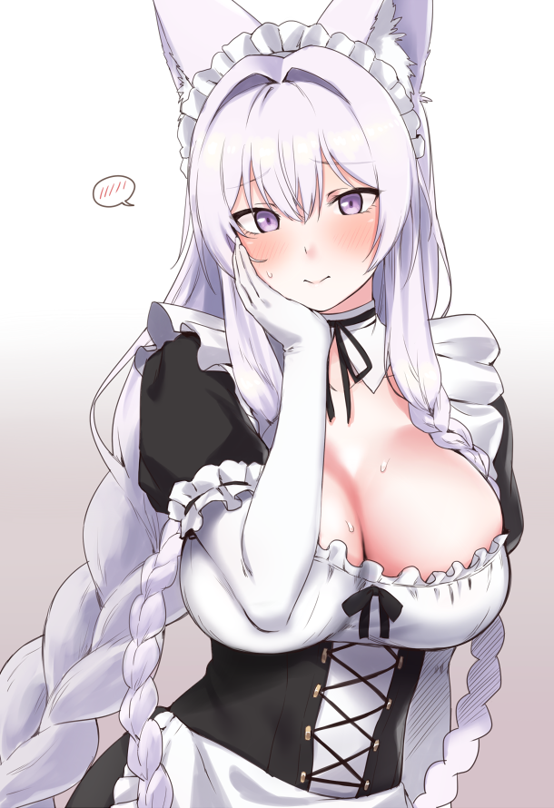 1girl 3: animal_ears blush braid breasts cleavage closed_mouth collarbone commentary_request corset crossed_bangs detached_collar elbow_gloves frilled_sleeves frills furrowed_brow gloves gradient_background hair_between_eyes hand_on_own_face hand_up large_breasts lips long_hair looking_at_viewer maid maid_headdress neck_ribbon original puffy_short_sleeves puffy_sleeves purple_eyes ribbon short_sleeves silver_hair simple_background solo sweat tamamo_(yagi) tri_braids upper_body white_gloves yagi_(ningen)