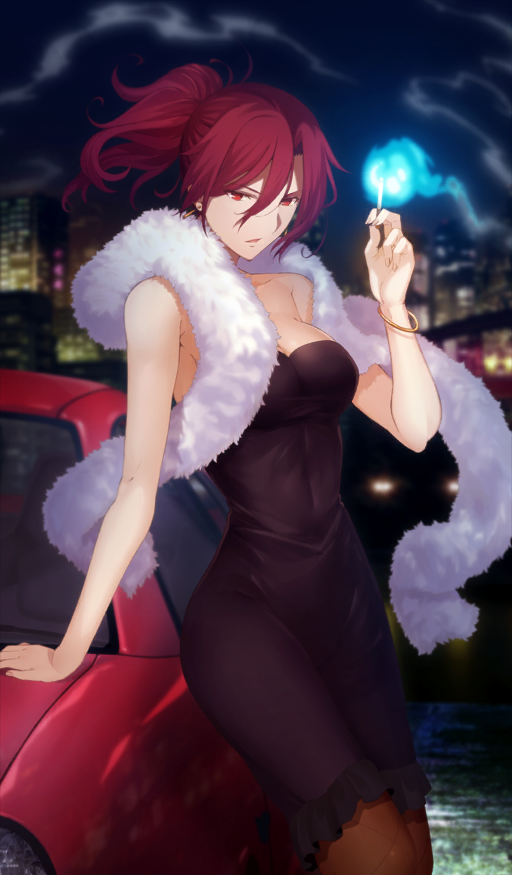 1girl aozaki_touko aozaki_touko_(grand_puppeteer) arm_support armpit_crease bare_arms black_dress blue_fire bracelet breasts car cigarette cityscape cleavage collarbone commentary covered_navel dress earrings fate/grand_order fate_(series) feather_boa feet_out_of_frame fire hair_between_eyes holding holding_cigarette jewelry kara_no_kyoukai leaning_on_object long_hair medium_breasts medium_dress motor_vehicle night official_art open_mouth orange_pantyhose pantyhose parted_lips ponytail red_car red_eyes red_hair shawl smoke smoke_trail solo strapless strapless_dress third-party_source white_shawl