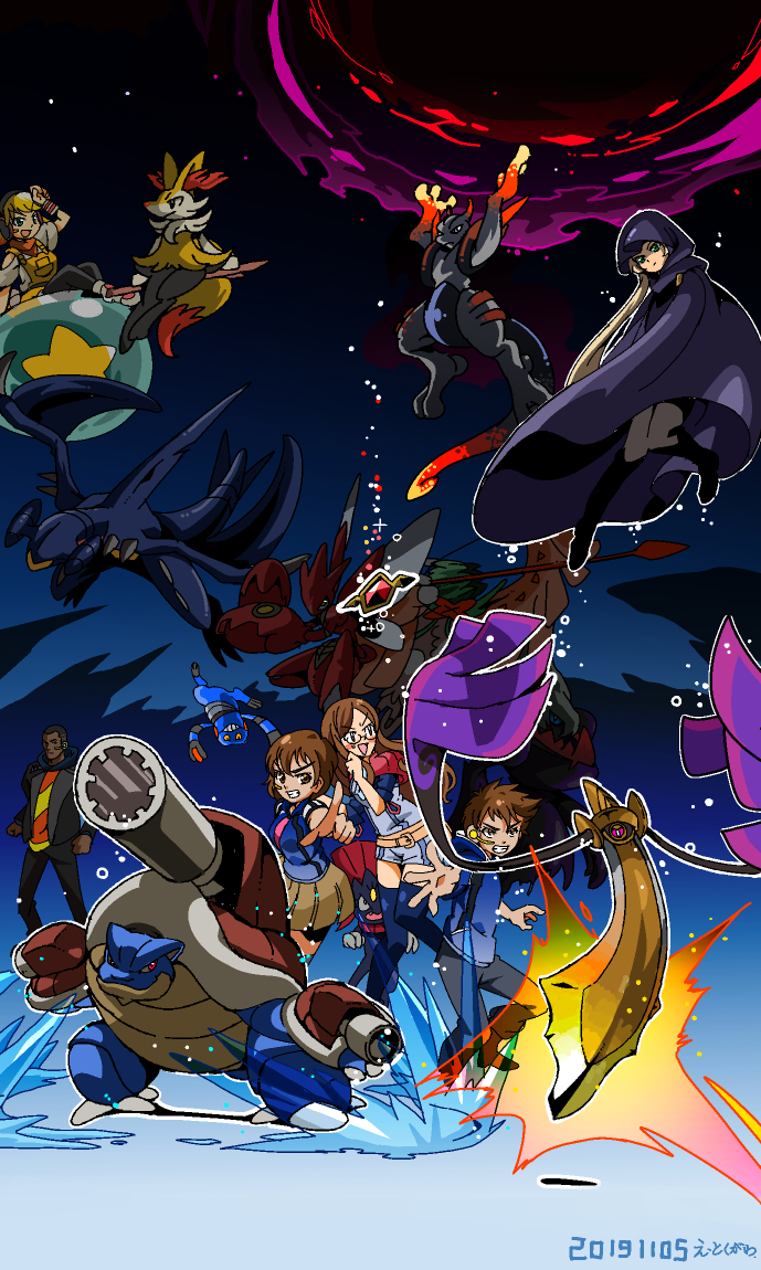 2boys 4girls aegislash blastoise blonde_hair braixen brown_hair cloak creatures_(company) croagunk dark-skinned_male dark_skin darkrai decidueye game_freak garchomp gen_1_pokemon gen_2_pokemon gen_4_pokemon gen_6_pokemon gen_7_pokemon hood hooded_cloak legendary_pokemon mega_blastoise mega_pokemon mewtwo multiple_boys multiple_girls mythical_pokemon nia_(pokemon) nintendo outline pokemon pokemon_(creature) pokken_tournament pokken_tournament_dx scizor shadow_mewtwo suteki2success weavile white_outline