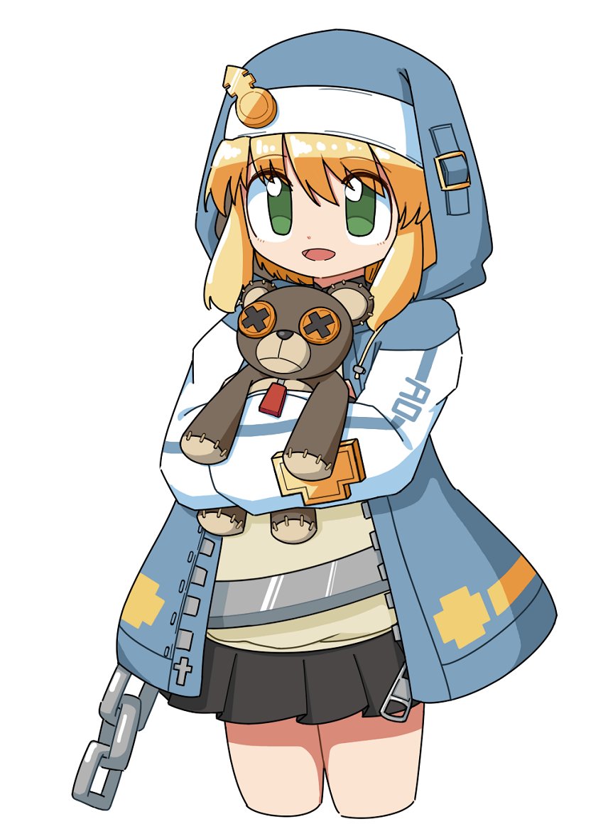 1boy androgyne_symbol black_skirt blonde_hair bridget_(guilty_gear) chain cocia_(kosianko) green_eyes guilty_gear habit holding holding_stuffed_toy hood hood_up hooded_jacket hoodie jacket long_sleeves male_focus open_clothes open_hoodie open_mouth skirt smile stuffed_animal stuffed_toy teddy_bear trap white_background