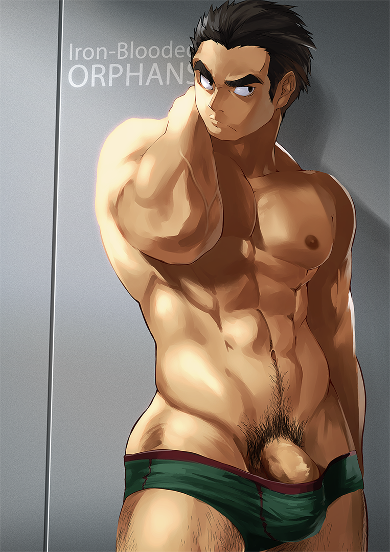 1boy 8_(yamalu) abs akihiro_altland bara black_hair body_hair bulge erection erection_under_clothes gundam_tekketsu_no_orphans male_focus muscular penis topless_male solo underwear undressing