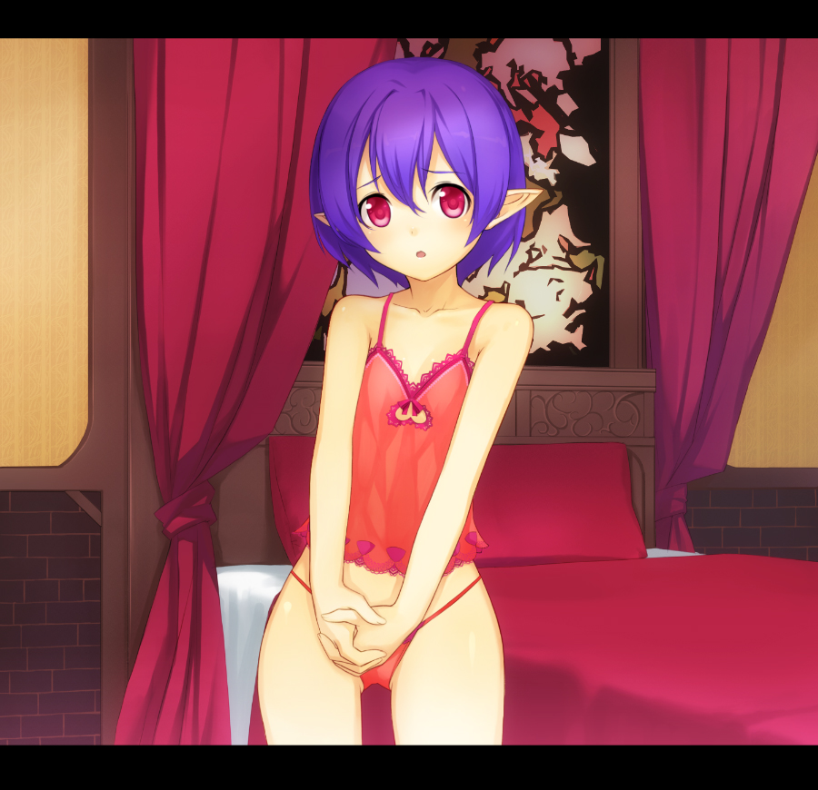 1girl :o bed camisole elf female_focus km_(km517) letterboxed lingerie looking_at_viewer original panties pointy_ears purple_eyes purple_hair red_panties short_hair solo underwear