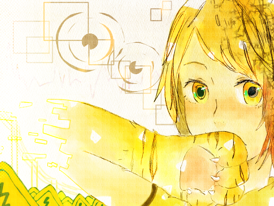 1girl 7mm animal_hands bad_id bad_pixiv_id blonde_hair digital_dissolve female_focus kagamine_rin short_hair solo tiger tiger_rampage_(vocaloid) vocaloid yellow_eyes yellow_theme