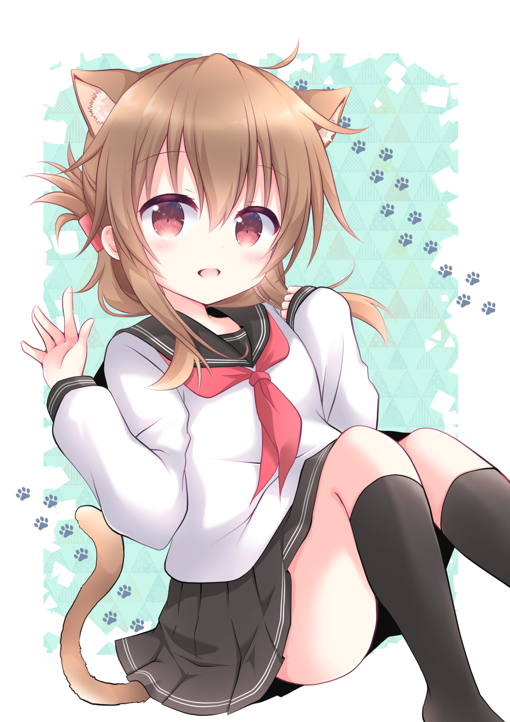 animal_ear_fluff animal_ears black_sailor_collar black_skirt black_socks brown_eyes cat_ears cat_tail comiket_100 highres inazuma_(kancolle) kantai_collection kashiwadokoro kemonomimi_mode long_sleeves looking_at_viewer paw_print pleated_skirt sailor_collar salute school_uniform serafuku skirt socks tail thighs vulcan_salute white_serafuku