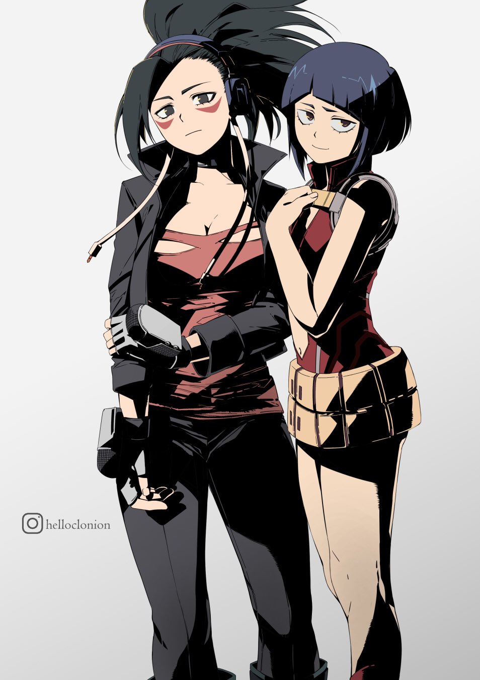 2girls artist_name audio_jack black_hair black_jacket blue_hair boku_no_hero_academia clonion cosplay costume_switch fingerless_gloves gloves highres jacket jirou_kyouka long_hair looking_at_viewer multiple_girls open_clothes open_jacket personality_switch red_shirt shirt short_hair simple_background torn_clothes torn_shirt yaoyorozu_momo