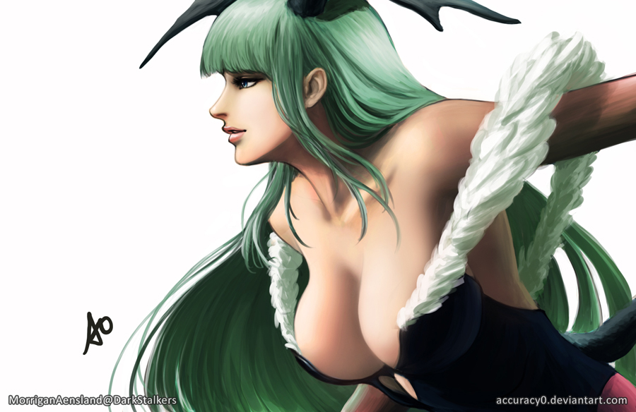 1girl accuracy0 blue_eyes breasts capcom cleavage darkstalkers female_focus green_hair large_breasts morrigan_aensland solo