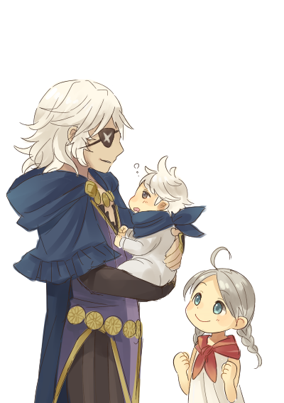 1girl 2boys age_regression aged_down ahoge baby blue_eyes braid eyepatch family fire_emblem fire_emblem_fates kana_(fire_emblem) kana_(male)_(fire_emblem) low_twin_braids multiple_boys niles_(fire_emblem) nina_(fire_emblem) nintendo parted_bangs scarf tefutene twin_braids