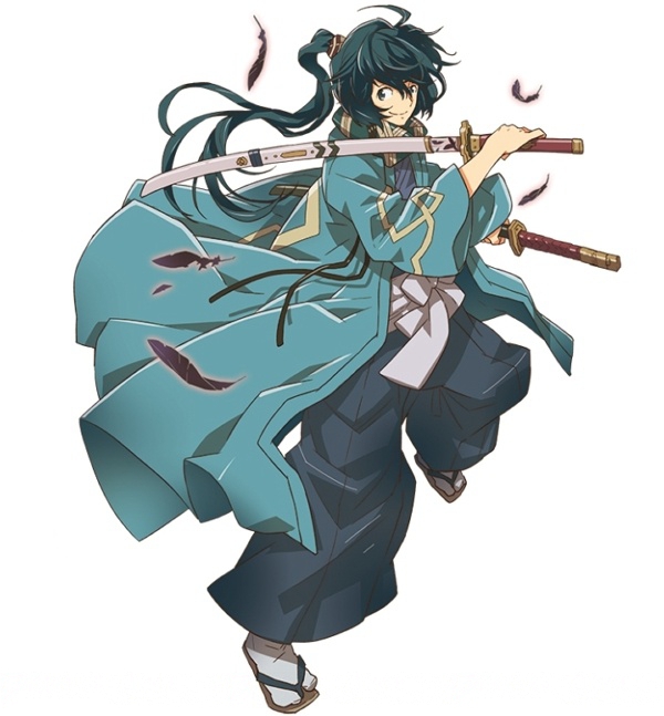 10s 1boy black_feathers black_hair brown_eyes dual_wielding feathers full_body geta grey_legwear hair_ornament hara_kazuhiro holding holding_sword holding_weapon log_horizon long_hair looking_at_viewer male_focus official_art ponytail seta_soujirou_(log_horizon) sheath sheathed shinsengumi simple_background solo soujirou_seta standing sword weapon white_background