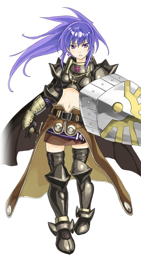 1girl armor armored_boots artist_request belt black_armor black_belt black_cape black_gloves black_thighhighs boobplate boots breastplate brown_cape brown_skirt cape clenched_teeth crop_top cross cross_necklace elbow_gloves floating_hair full_body gauntlets gloves high_ponytail holding holding_shield holding_sword holding_weapon jewelry large_variant_set long_hair looking_at_viewer navel necklace official_art paladin_(ragnarok_online) pauldrons pink_eyes purple_hair ragnarok:_guild_masters ragnarok_online sheath sheathed shield shoulder_armor simple_background skirt solo standing sword teeth thighhighs transparent_background v-shaped_eyebrows variant_set waist_cape weapon