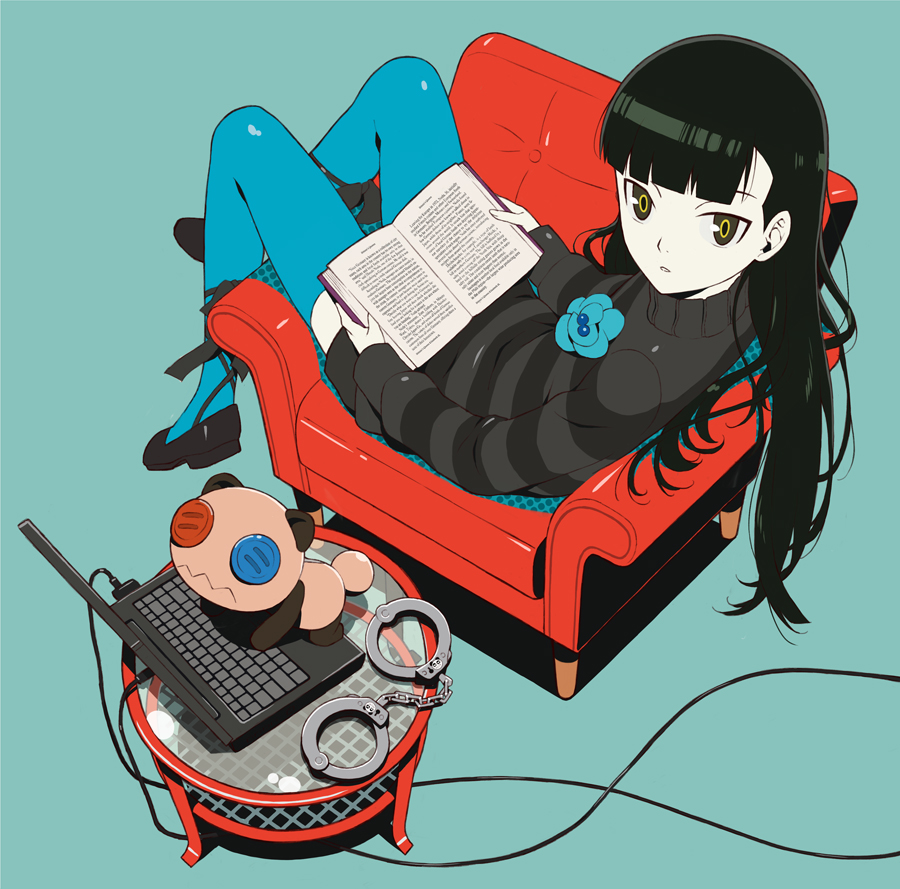 1girl black_footwear black_hair black_sweater blue_background blue_thighhighs book button_eyes buttons cable chair commentary_request computer cuffs dress dual_persona duplicate from_above full_body handcuffs holding holding_book laptop long_hair lying mizunoto_kanae on_back open_book parted_lips sasa_kazamori shadow shoes simple_background sitting solo striped_clothes striped_sweater sweater sweater_dress table thighhighs un-go yellow_eyes