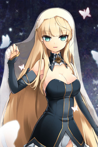 1girl arm_up bare_shoulders blonde_hair breasts bug butterfly detached_collar detached_sleeves female_focus green_eyes haeinj helena_k_sink helena_k_sync insect long_hair lowres open_mouth smile solo sword_girls ubina veil very_long_hair