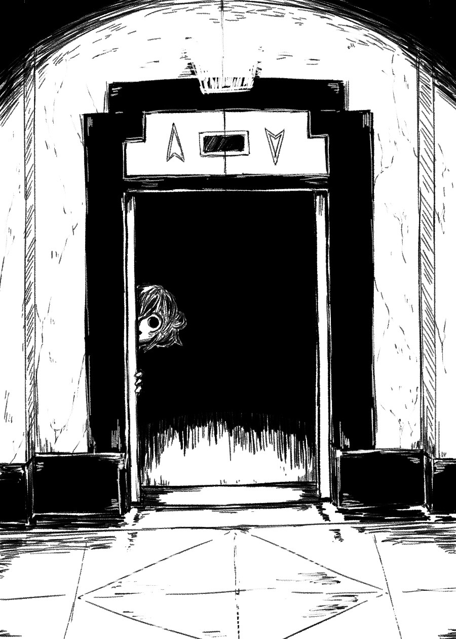 1girl 4shi commentary_request dango-chan_(4shi) elevator greyscale hair_bun hatching_(texture) highres hollow_eyes horror_(theme) indoors linear_hatching looking_at_viewer monochrome original peeking_out short_hair sketch smile solo tile_floor tiles