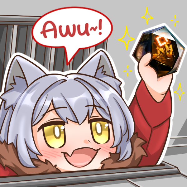 1girl :d animal_ear_fluff animal_ears arknights arm_up blush chibi commentary english_commentary fang fur-trimmed_jacket fur_trim grey_hair guin_guin holding jacket long_sleeves open_mouth originite_prime_(arknights) projekt_red_(arknights) red_jacket smile solo sparkle yellow_eyes