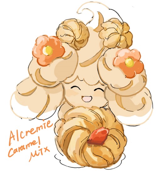 1girl :d alcremie alcremie_(caramel_swirl) alcremie_(flower_sweet) cc8nw42u15apug0 character_name closed_eyes colored_skin cookie creatures_(company) flower food full_body game_freak gen_8_pokemon hair_ornament holding holding_cookie holding_food long_hair looking_at_viewer nintendo open_mouth orange_flower orange_hair orange_skin pokemon pokemon_(creature) simple_background smile solo white_background